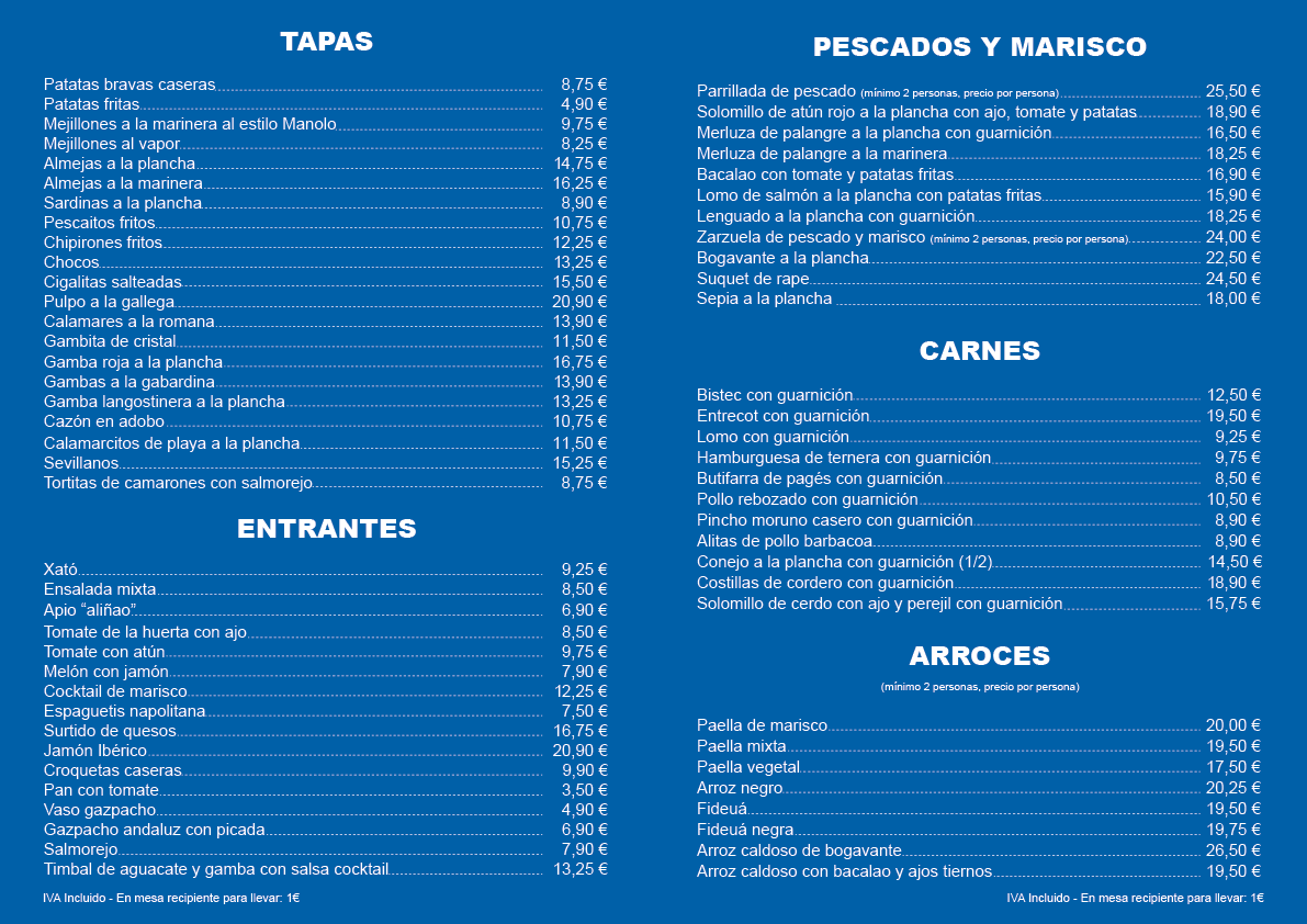 Carta de Chiringuito Manolo en español